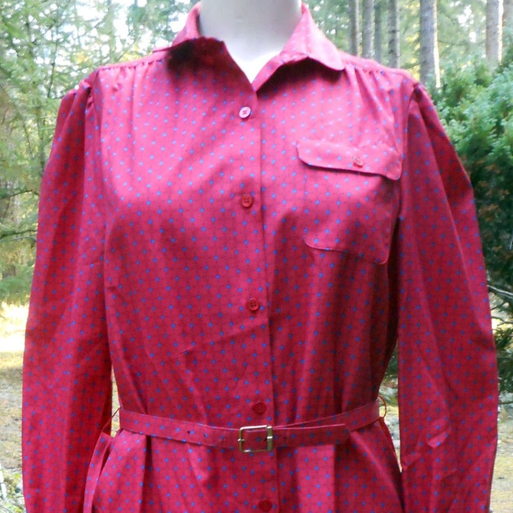 Fuschia & Blue Patterned Button Down Belted Poly Shirt Dress! M